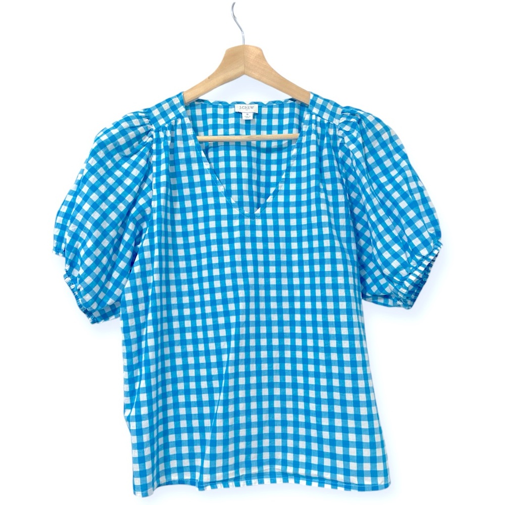 J Crew Blue White Puff Sleeve Gingham Top Size Small S